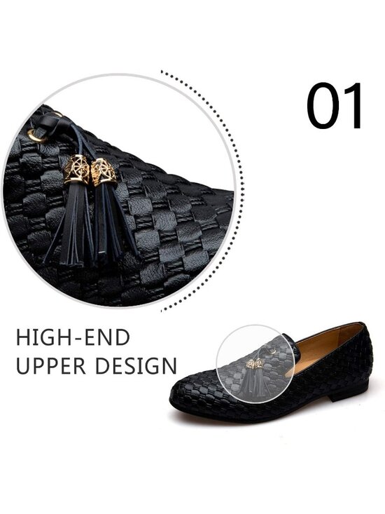 JITAI Men\'s Black01 Velvet Tassel Loafers Embroidery Slip On Block Heel Shoes